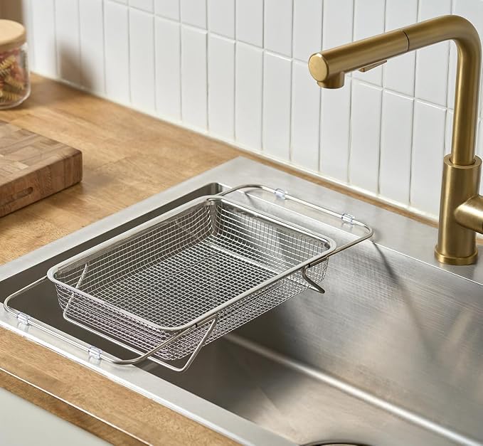 WAGENSTEIGER Extendable Dish Rack with Feet, Vegetable Colander Basket, Stainless Steel Dish or Silverware Drying Rack, Ultimate Kitchen Organizer Over the Sink (11.81 x 8.27 x 2.76 Inches)