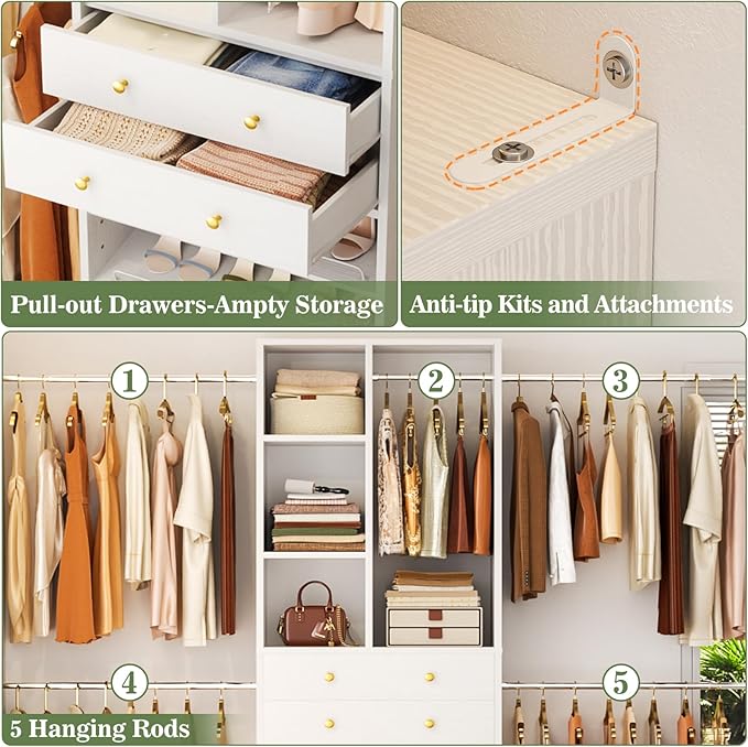 Besiost Closet System, 4.2–8.8 FT Closet Organizer with 2 Wooden Drawers and Shelves, Walk-in Closet System with 5 Hang Rods, Built-in Reach in Closet Tower, Can Fit 60 to 96 inch, White