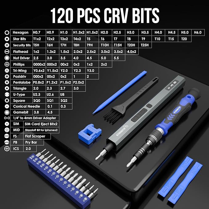 STREBITO 144-Piece Upgraded Electric Screwdriver | Max 0.7 N.m, 120 Magnetic Bits, 5-gear Torque Adjustment, Precision Screwdriver Set, Repair Tool Kit for Electronics and PC