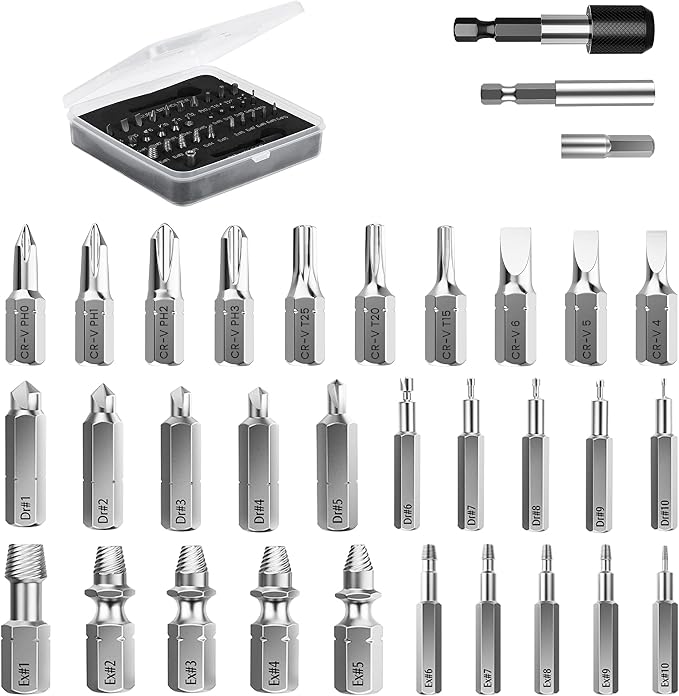 Nuovoware Damaged Screw Extractor Set, 33 PCS Stripped Screw Extractor Kit | All-purpose HSS Broken Screw Remover Set with Magnetic Extension Bit Holder & Socket Adapter, Black