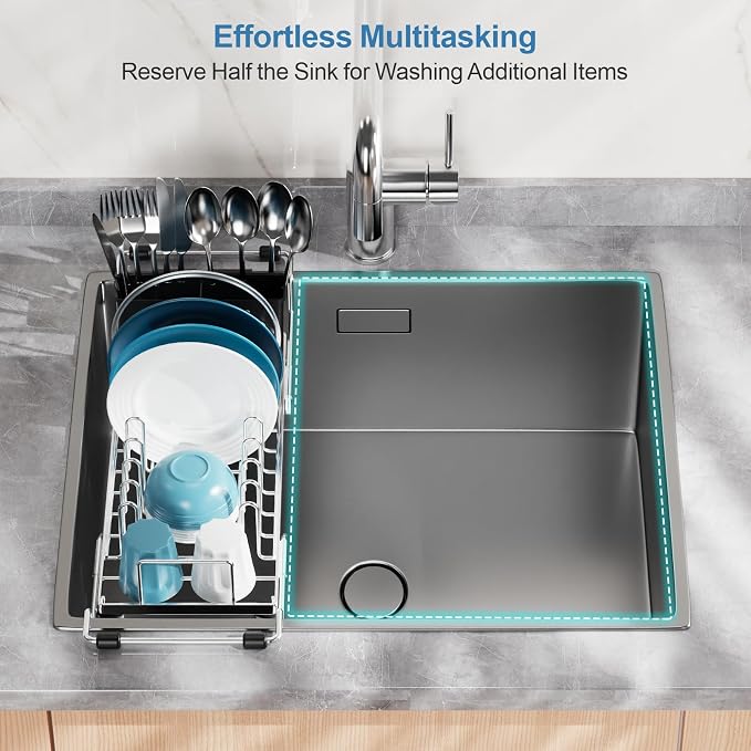 GSlife Small Sink Dish Drying Rack - Stainless Steel in Sink Dish Rack for RV Camper, Expandable Kitchen Counter Drainer with Utensil Holder, 13.2''-19.1" L x 6.5" W x 4.3" H, Silver