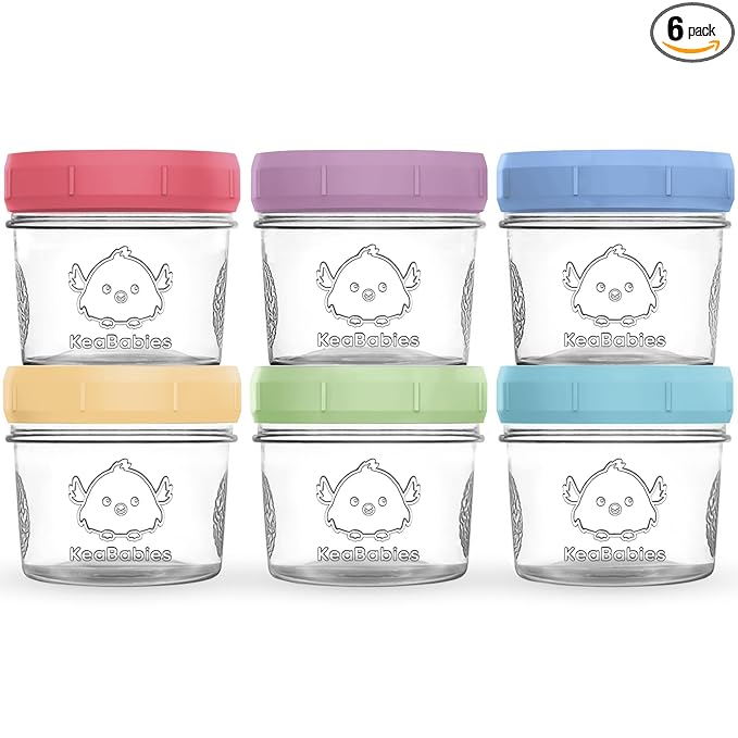 KeaBabies 6pk 4oz Glass Baby Food Containers with Lids, Leak-Proof (Nord) | Microwavable Small Glass Jars, Baby Purees, Toddler Snack Storage Containers, BPA-Free, Dishwasher-safe, Freezer Safe
