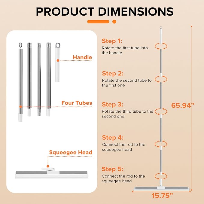 Silicone Squeegee for Floor, 180° Rotating Squeegee Broom, Floor Squeegee with a Long Handle, Squeegee for Water and Pet Hair Removal on Bathroom Floors, Tile, Glass, Indoor Window Cleaning Tool