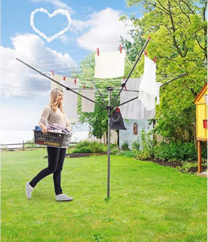 MYOYAY 165 Ft Outdoor Umbrella Drying Rack Rotary Retracting Clothesline | Adjustable Height Collapsible Umbrella Clothesline 4 Arm Heavy Duty Clothes Drying Rack with 12 Lines for Laundry Outdoors