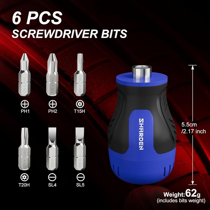 8 in 1 Multi-bit Stubby Screwdriver, Small Short Screw Driver Tool | 6 CRV Bits Phillips, Slotted, Torx, Magnetic Tip Portable All in One Repair Tool Kit for Home DIY Tables, Doors, Chairs