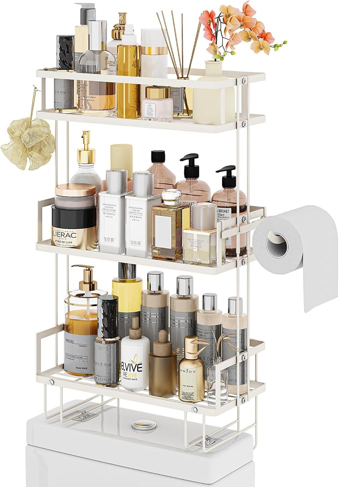 Godboat 3-Tier Over Toilet Storage Shelf, Wall-Mount with 2 Hook/Paper Rack | Bathroom Organizers and Storage Cabinet, Behind/Above/On/Top/Back Tank Shelves, Decor for Bathroom/Restroom/Kitchen/Bedroom