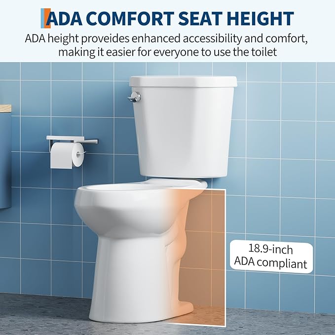 Two Piece Toilet with 19" ADA Height, Elongated Ceramic Bowl without Lid - Side Push Handle, CUPC Certified, Water Efficient 1.28 GPF