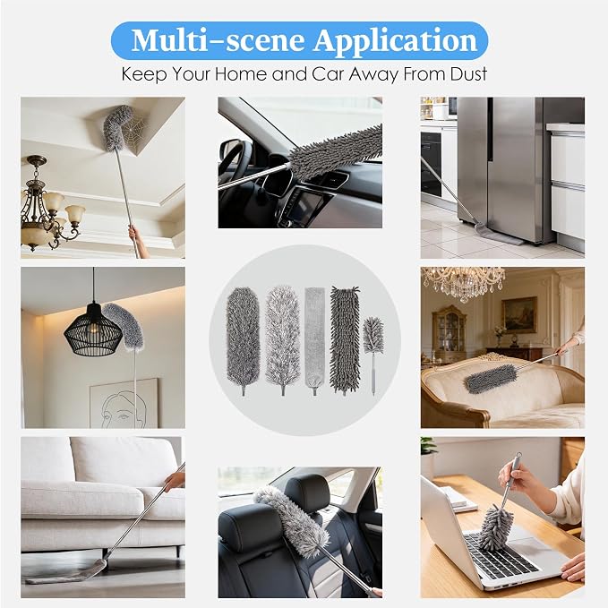 Microfiber Feather Duster Kit with Extension Pole, 7 PCS Washable Reusable Duster for Cleaning, 100'' Bendable Extendable Long Duster with Stainless Steel Pole for High Ceilings, Fans, Furniture & Car