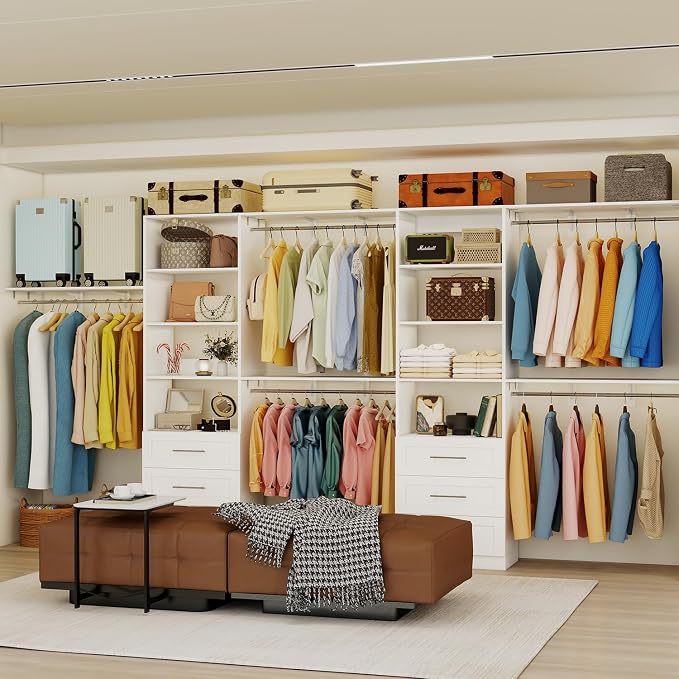 Closet System with Drawers, 5FT-8FT Closet Organizer System with 3 Side Top Shelves(Cuttable) & 3 Expandable Hanging Rods, Walk in Closet Storage Shelving System, Walk in Closet System, White