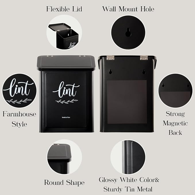 Perfnique Magnetic Lint Bin for Laundry Room with Lint Brush, Wall Mounted Lint Holder Trash can with lid for Dryer, Modern Farmhouse Rustic Metal Laundry Room Storage Organization and Decor(Black)