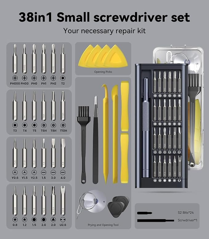 AXTH 38in1 S2 Metal Precision Screwdriver Set, Durable Small Repair Tool | With opening set, For Phone, Computer, Watch, Laptop, Macbook, Ring Doorbell, Eyeglass, Electronic