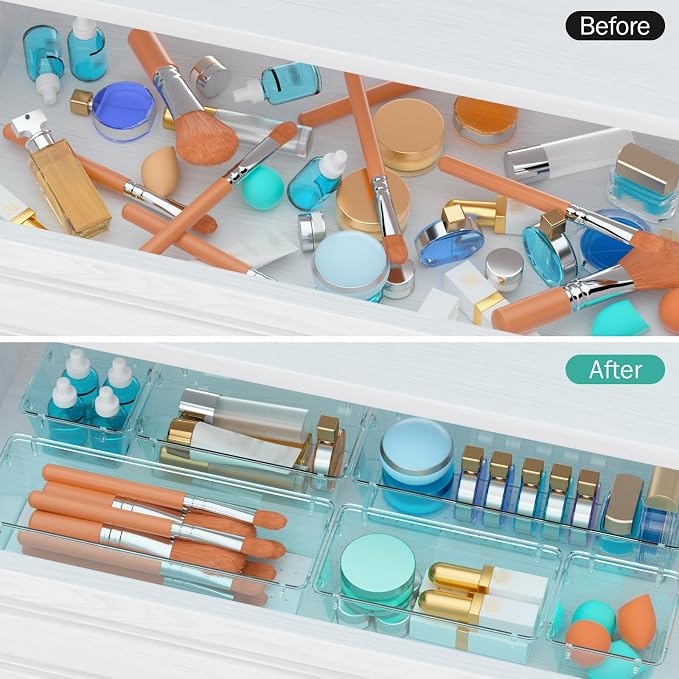 WOWBOX 12 Pack Clear Drawer Organizer Set, Acrylic Drawer Storage Trays, Storage Bins for Makeup, Cosmetics, Jewelries, Utensils, Gadgets, Office, Sea Blue
