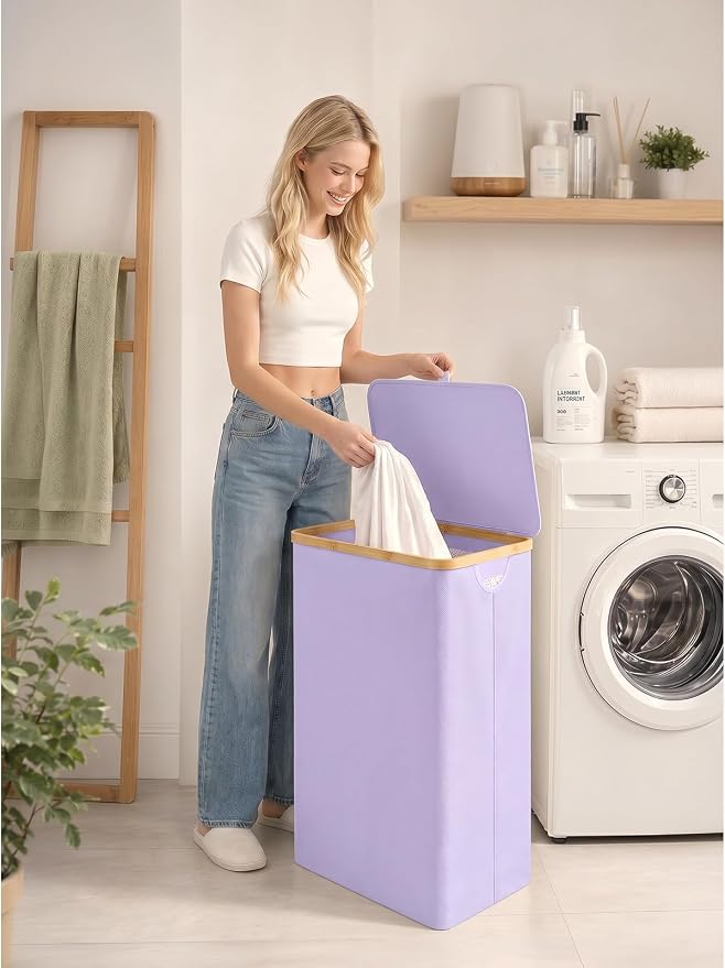 IEGrow Laundry Hamper with Lid,110L Laundry Basket with Mesh Bag,Purple | Dirty Clothes Hamper Basket with Bamboo Handle for Clothes Towels Organization