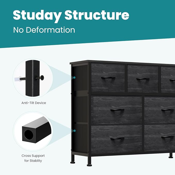 OLIXIS 7 Drawer Closet Organizer, Storage Tower with Sturdy Steel Frame | Dresser for Bedroom, Wooden Top & Easy Pull Fabric Bins, Clothes Organization, Living Room, Black Wood Grain