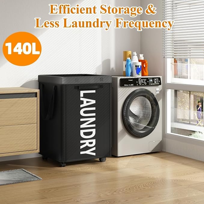 Optish 140L Laundry Hamper with Wheels, Rolling Laundry Basket with Removable Mesh Bag, Extra Large Clothes Hamper for Bedroom, Bathroom, Dorm Room Essentials, Black
