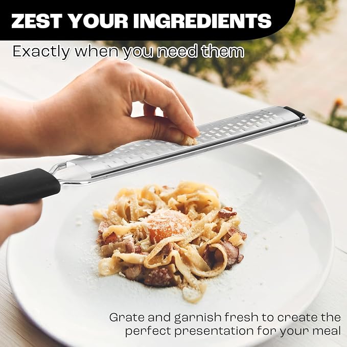 Zester Grater with Protective Cover – Fine Stainless Steel Lemon Zester cheese shredder for Kitchen, Ideal for parmesan, Garlic, Nutmeg, Chocolate, Fruits, Vegetables – Black
