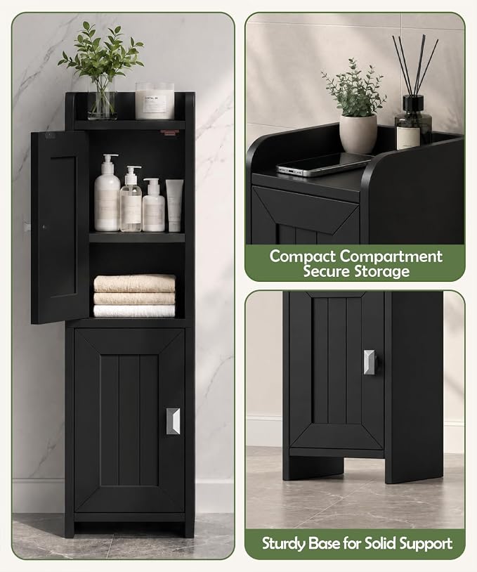 Akxomel Small Bathroom Cabinet Narrow Toilet Paper Organizer Black | 7.9''D x 7.9''W Bathroom Organizer and Storage Cabinet for Small Space, Slim Corner Unit with Adjustable Shelf