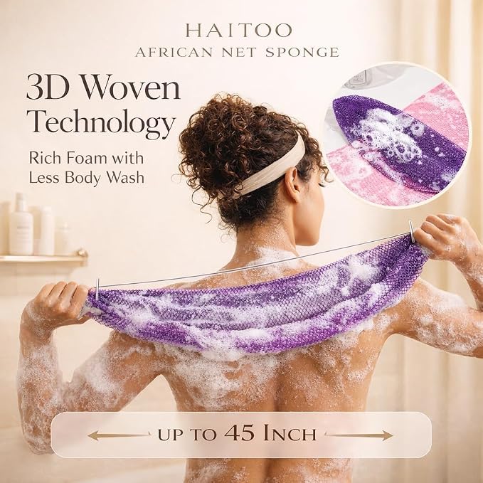 African Net Sponge Authentic Exfoliating Washcloth Body Back Scrubber 3 Pcs | 46 Inch Shower Loofah Exfoliating Bath Sponge for Women and Men Daily Use Body Care Travel Portable Accessories Spa Gifts