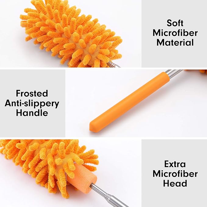Duster for Cleaning, 10-29" Extension Pole, 4 Washable Heads, Yellow | Microfiber Heads, Wet Or Dry, Detachable, Hand Washable, Easy Storage, For Cars, Offices, Windows, Furniture And Ceiling Fans