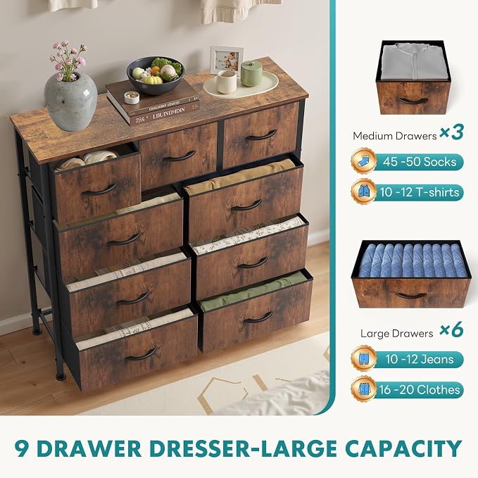 OLIXIS 9 Drawer Tall Dresser for Bedroom, Closet Organizers and Storage | Fabric Dresser with Wooden Top, Chest of Drawers for Clothes Storage, Tower Cabinet, Furniture, TV Stand, Rustic Brown