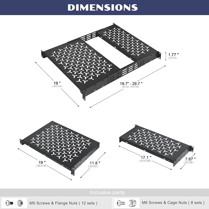 1U Rack Shelves (2-Pack), 1 PCS 8" Deep Cantilever & 1 PCS 12" Deep Cantilever, with Optional Joints to Combine as One Full Size Server Rack Shelf