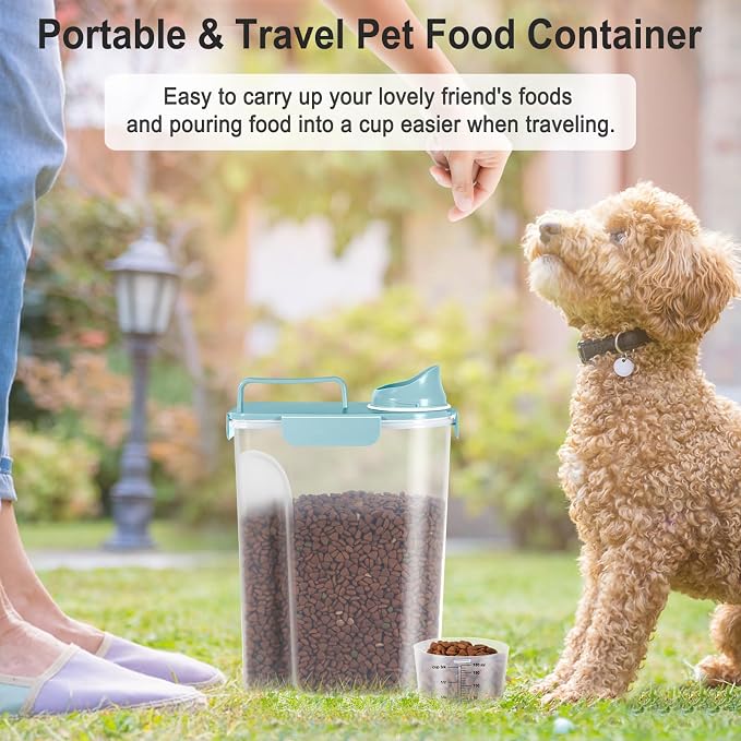 Dog Cat Food Storage Container, Pet Food Pourable Container Airtight with Large Spout & Cup, BPA-Free Plastic Food Dispenser for Pet Food, Bird Seed, Rice, Flour (Light Blue, 5L)