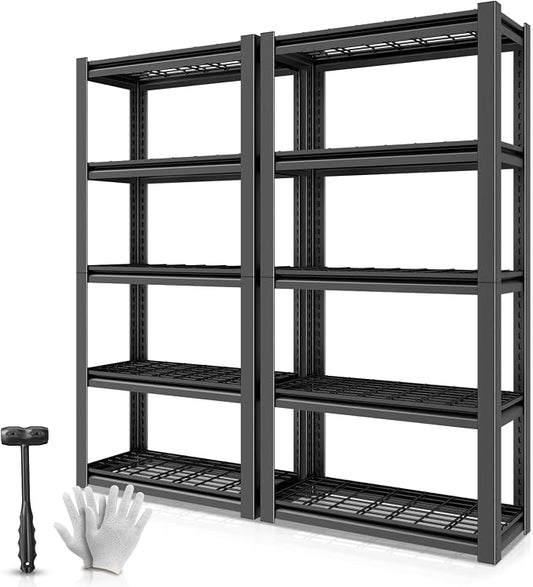Auto Dynasty 5-Tier Storage Shelves Set of 2, 72" H (3000LBS Capacity) Adjustable Garage Shelving, Metal Storage Utility Rack Shelf Unit for Pantry Kitchen Warehouse, 72" H x 35" W x 16" D, Black