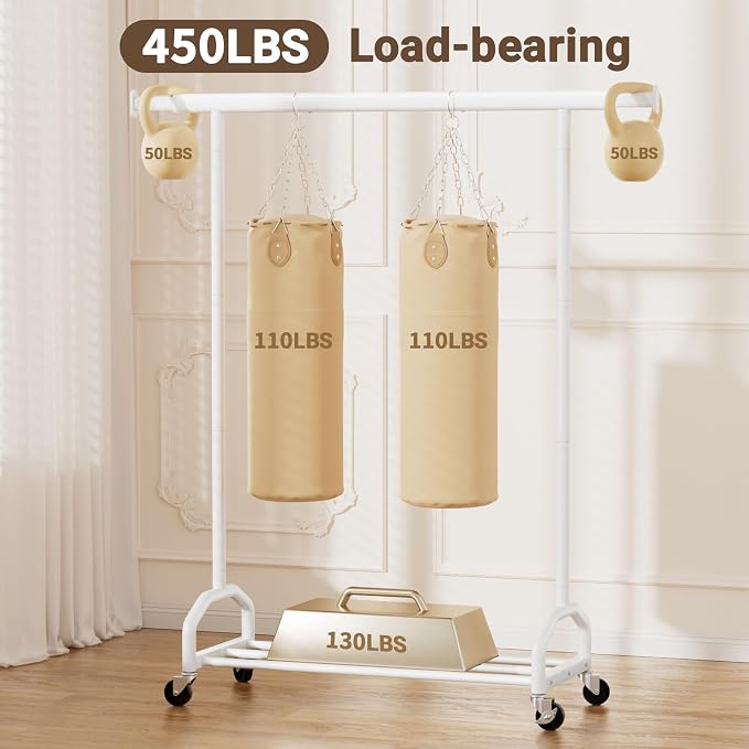 Heavy Duty Rolling Clothing Rack, 450 lbs Capacity Metal Clothes Rack with Wheels, 65" Tall Freestanding Hanging Rack for Bedroom, Laundry Room, Retail Display, White