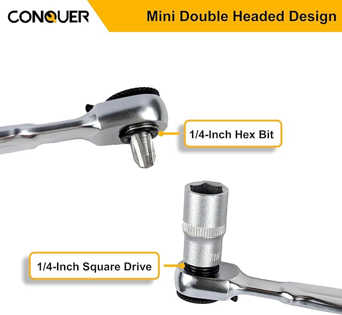 CONQUER 1/4" Mini Ratchet Wrench Low Profile Dual Head | Socket/Bit Driver, 72-Tooth, 5° Swing Arc, Ultra-Low Back Drag, Quick-Release Button; For Tight Engine Bays & EDC Kits