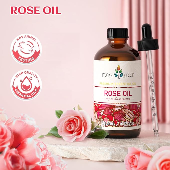 EVOKE OCCU Rose Essential Oil for Skin, Body Care & Perfume for Women | Enhances Relaxation in Bedroom, Spa, Yoga Studio, Suitable for All Seasons and Daily Applications - 118ml / 4 fl oz