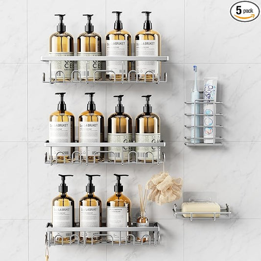 Shower Caddy, 5 Pack Shower Shelves for Inside Bathroom, Rustproof Adhesive Bathroom Organizer with Soap Holder, No Drilling Washroom Organizers and Storage for Bathtub Room/Kitchen, Silver