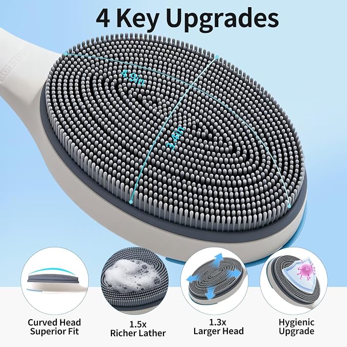 BUBBLEDANCE® Extendable Silicone Back Scrubber (17.5" to 32") – 2-Hand Grip for 4X Power, Curved Stiff Bristles, Non-Slip Long Handle Shower Brush for Deep Exfoliation - White (Stiff Bristles)