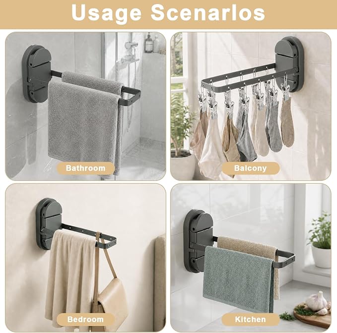 Folding Clothes Drying Rack with 12 Clips-Heavy Duty Dual Suction Cup Towel Bar for Bathroom Tile, Shower Glass | Space Saving Portable Laundry Hanger for RV, Apartment