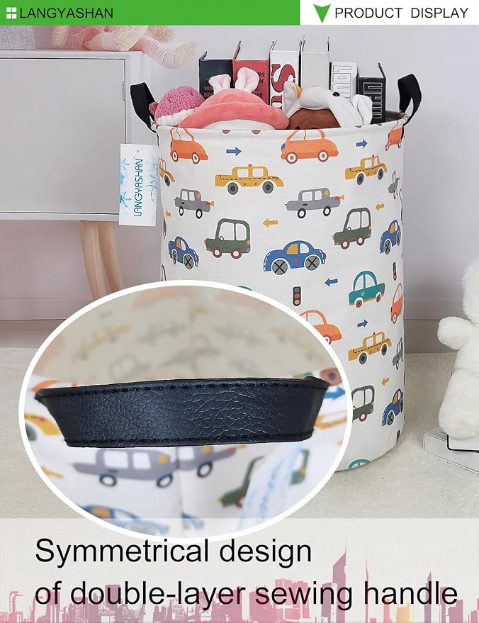 Round Laundry Basket Collapsible Storage Hamper Color Cars | Waterproof Canvas Foldable Baskets with sturdy Handles Multi-scene Organizer for Home Play Bedroom Gift Bin