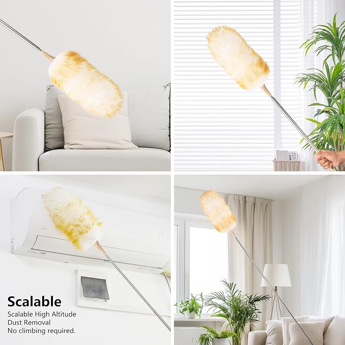 Lambswool Extendable Duster, 32-98 Inch Anti-Static Flexible Head Stainless Steel Pole for High Ceilings, Fans, Interior & Roof Dusting(one Pack)