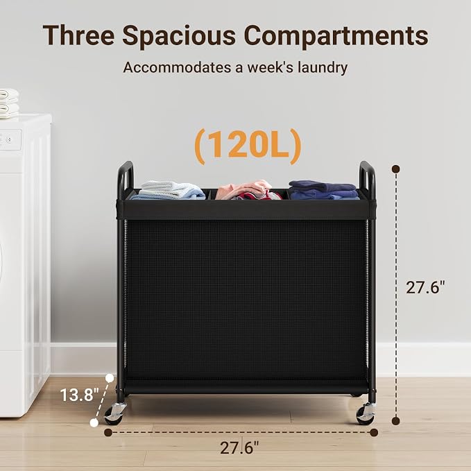 ELYKEN Laundry Hamper 3 Section, 120L Rolling Laundry Sorter with Wheels | Removable Washable Liner Bags, Sturdy Steel Frame and Metal Handle, 3 Compartment Clothes Organizer for Laundry Sorting