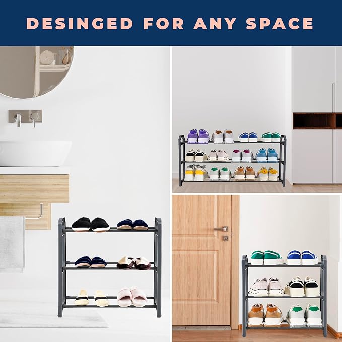Happhom 3-Tier Expandable Shoe Organizer - Space Saver Shoe Shelf with Smart Design for Closet, Entryway and Small Spaces, Dark Grey (CSR-01)