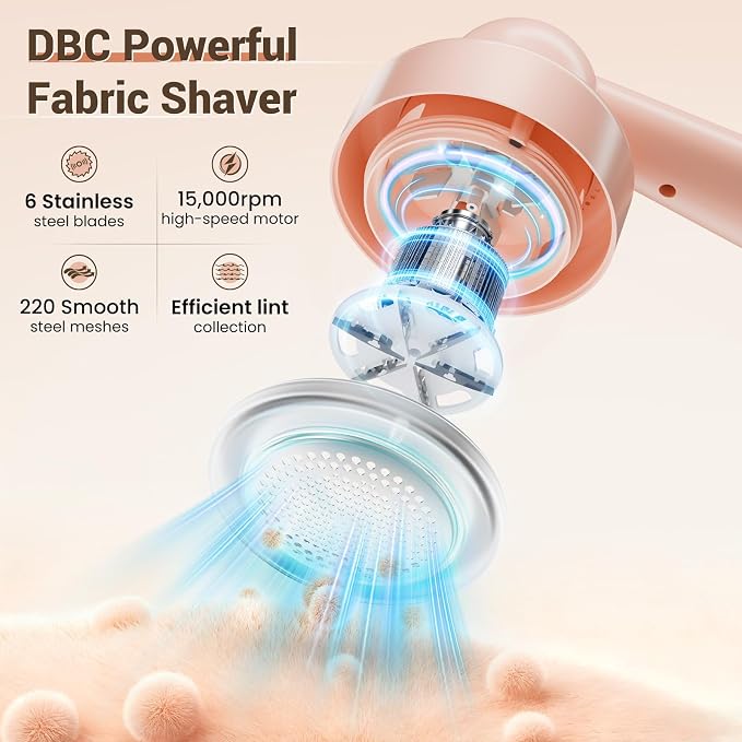 DBC Fabric Shaver & Lint Remover for Clothes, Sweaters & Furniture | 6-Leaf Blade, 3 Speeds, 2H Runtime, Portable Design Perfect for Travel, Includes 2 Extra Blades, Pink