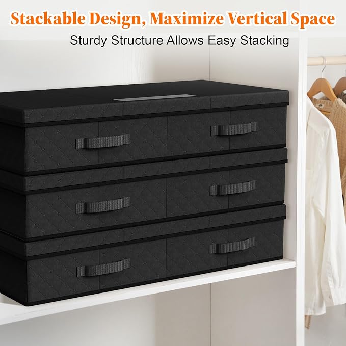 StoreHappily Under Bed Storage Containers with Lids - 2 Pack, Foldable and Stackable Clothes Storage Bags with Clear Window, 3-Sided Handles and Label Slot for Clothing, Blankets, Pillows (Black)