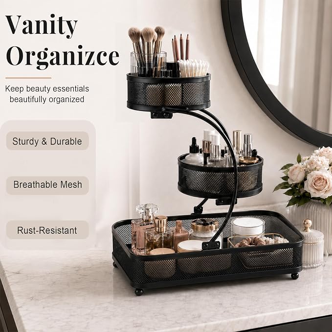 3 Tier Bathroom Counter Organizer-Cologne Organizer | Water-Resistant Open Metal Vanity Organizer, Ultra-Stable Dresser Top Shelf with Strong Load Capacity, Black