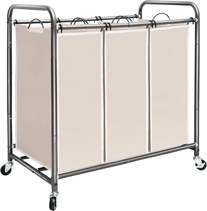 STORAGE MANIAC 3 Section Laundry Sorter, 35.6 Gal (135 L) Laundry Hamper Cart with Heavy Duty Rolling Lockable Wheels and Removable Bags, Clothes Organizer Basket Separator Hamper, Beige