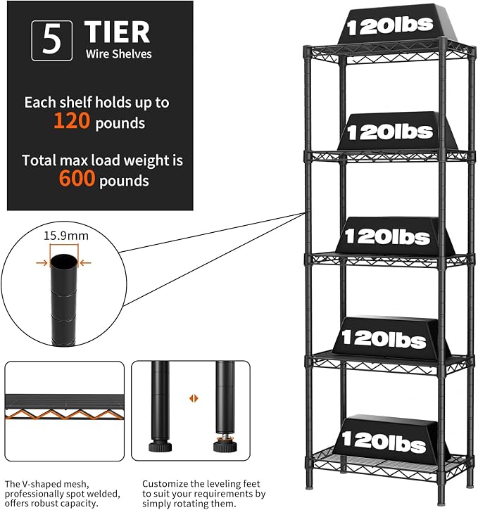 Golpart 5Tier Adjustable Storage Shelves Metal Wire Shelving Standing Shelf | Utility Heavy Duty Unit Rack Closet Organize for Home Kitchen Laundry Room Organization Pantry 10"Dx16"Wx55"H Black