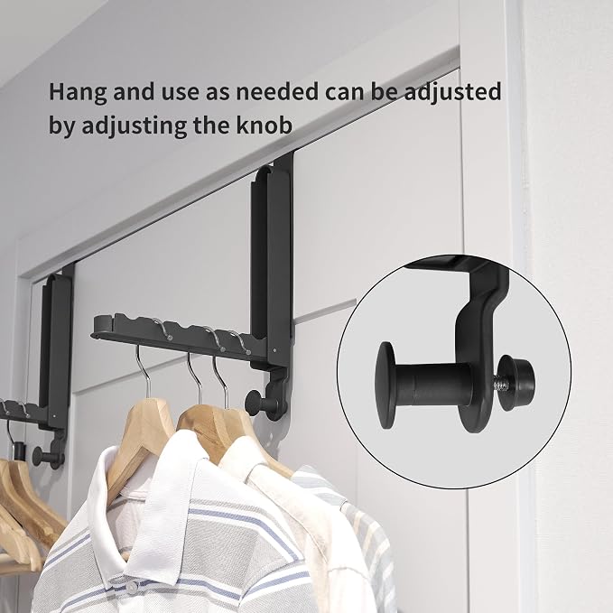 RFOUO Over The Door Hooks Hanger,Fit Door up to 1 3/8", Black, 1 Pack | Aluminum,Retractable Rod, Space-Saving, Foldable Over The Door Drying Rack,No drilling, For Laundry Bathroom Bedroom Travel