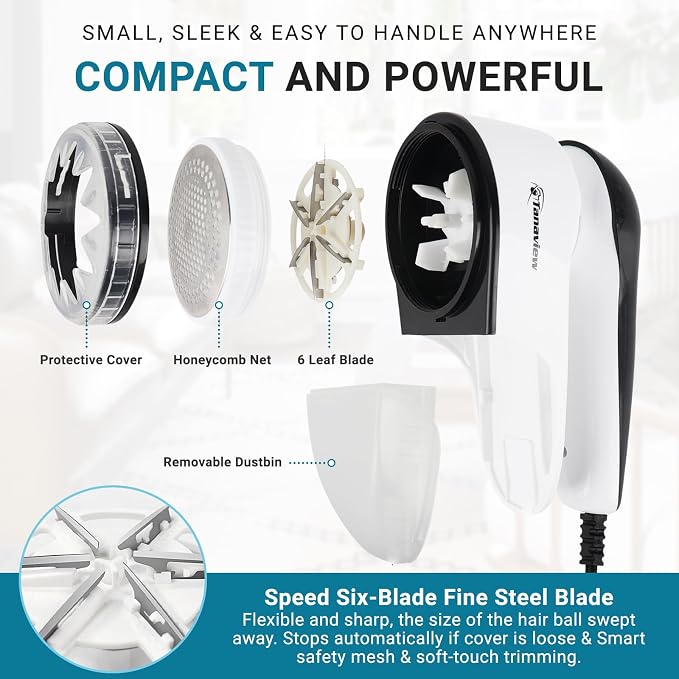 Power Corded Electric Fabric Shaver | No Battery, Pilling & Fuzz Remover for Clothes, Furniture, Couch, Sweaters, 6 Leaf Blades, Portable Defuzzer, Depiller