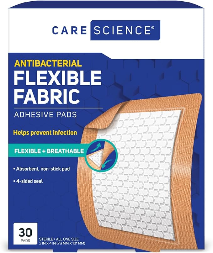 Care Science Fabric Adhesive Pad Bandages, Extra Large, 3in x 4in, 30 Count | Flexible + Breathable Protection for First Aid and Wound Care. Great for Large Areas like Arms, Legs, Back & Stomach