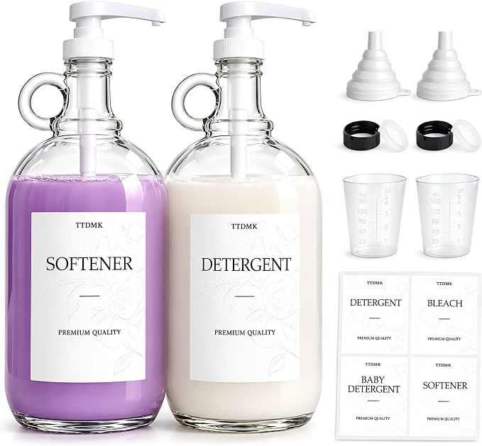 2 Pack Glass Laundry Detergent Dispensers, 64 oz Half Gallon Bottles | Includes Pumps, Waterproof Labels, Funnels and Measuring Cups. Ideal for Organizing Laundry Detergent and Fabric Softener.