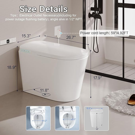 Smart Toilet with Tank, Luxury Elongated Electric Bidet Toilet with Cleaner Tablets, Heated Seat, Dual Auto Flush/Lid&Seat, Foot Sensor, UV-C light, One Piece Toilets with Dryer, LED Display