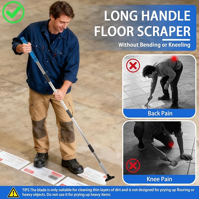 Floor Scraper Heavy Duty Long Handle,61in 4"Razor Blade Floor Scraper Adjustable with 10PCS Extra Metal Blades Paint Scraper for Cleaning Stickers Gum Glass Wall Tile Linoleum Stove Top