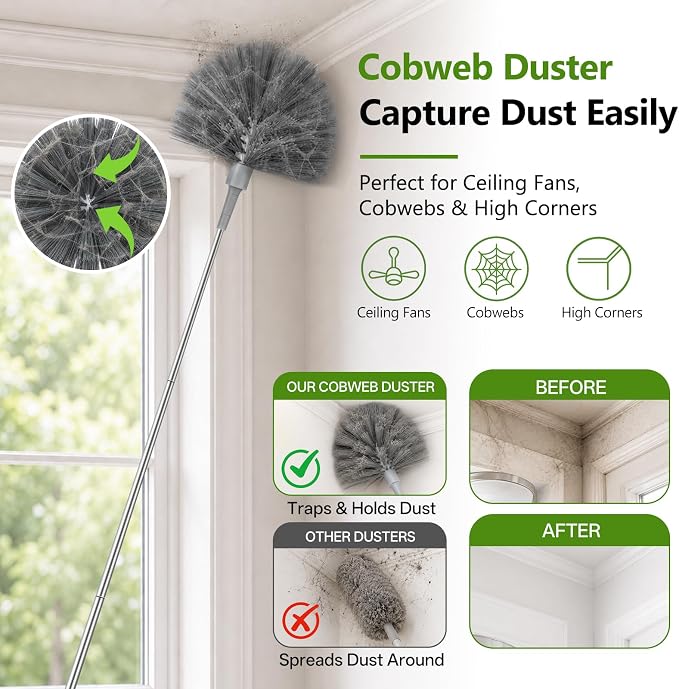 10-Piece Duster with Extension Pole,Cobweb Duster for High Ceilings | Includes spider web brush and flat gap cleaner for fans, blinds, walls, furniture, cars, and under appliance cleaning