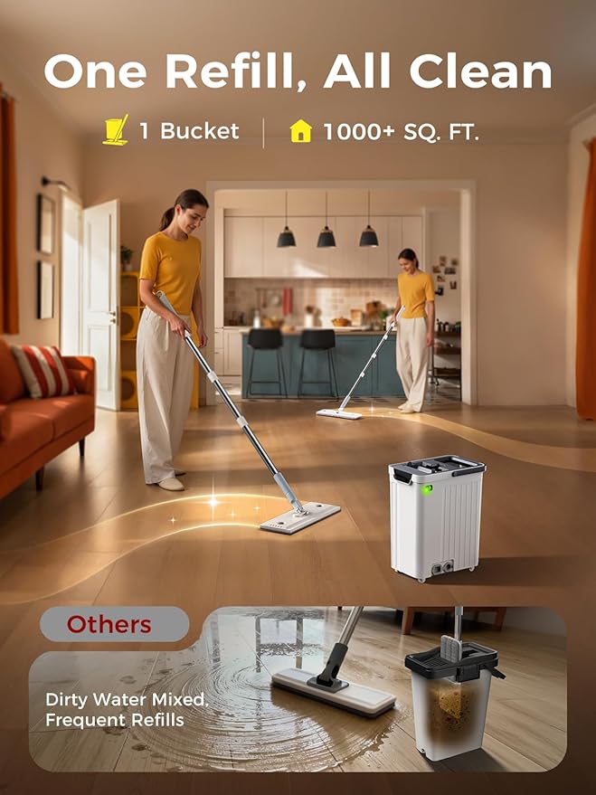 Mop and Bucket Set | Auto-Spray Cleaning | Dirty Water Separation Keep Water Fresh | Flat Mop & Bucket with Scraper | 3X Washable Pads | Mops for Floor Cleaning Valentine's Day Gift